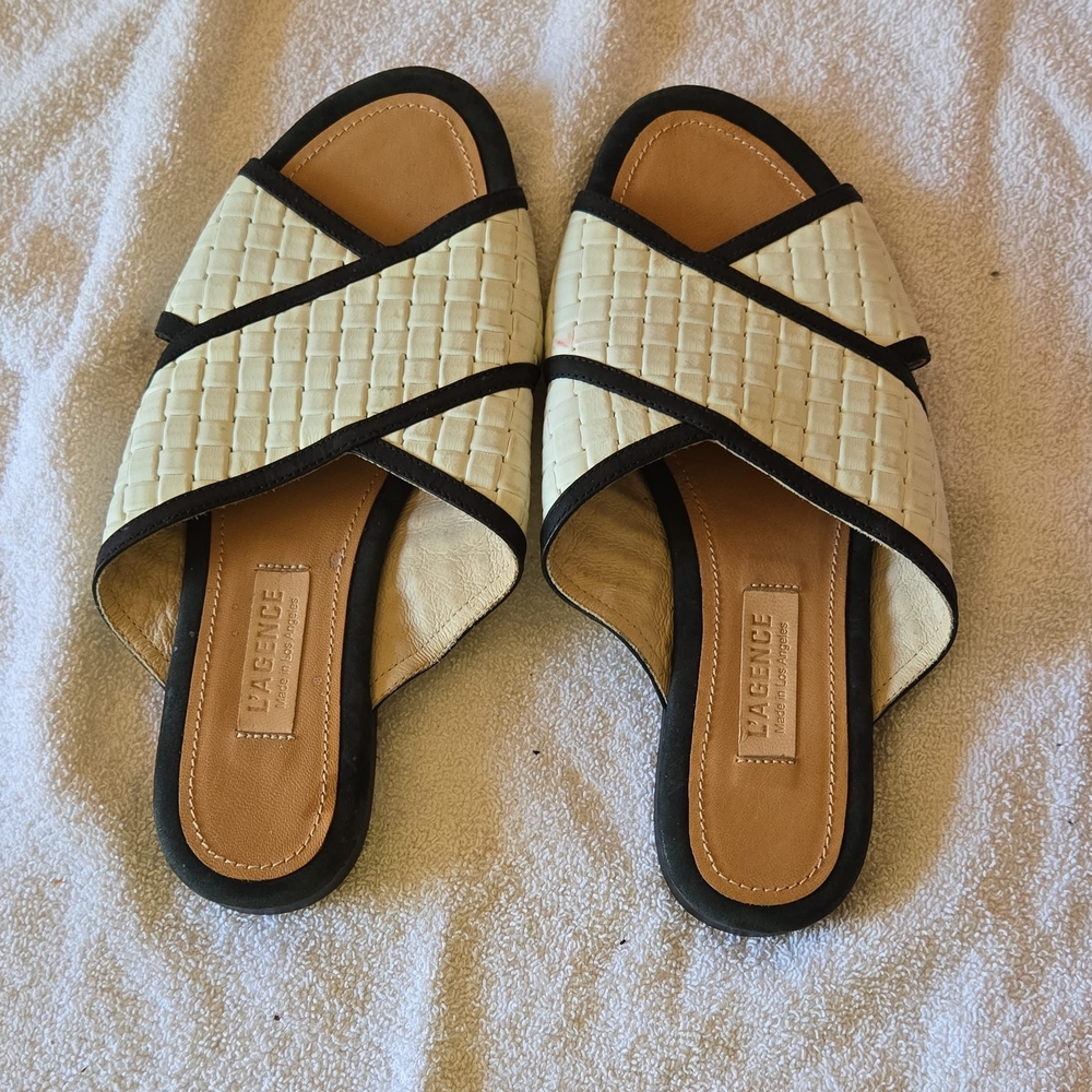 L'AGENCE Black and Cream Quilted Sandals